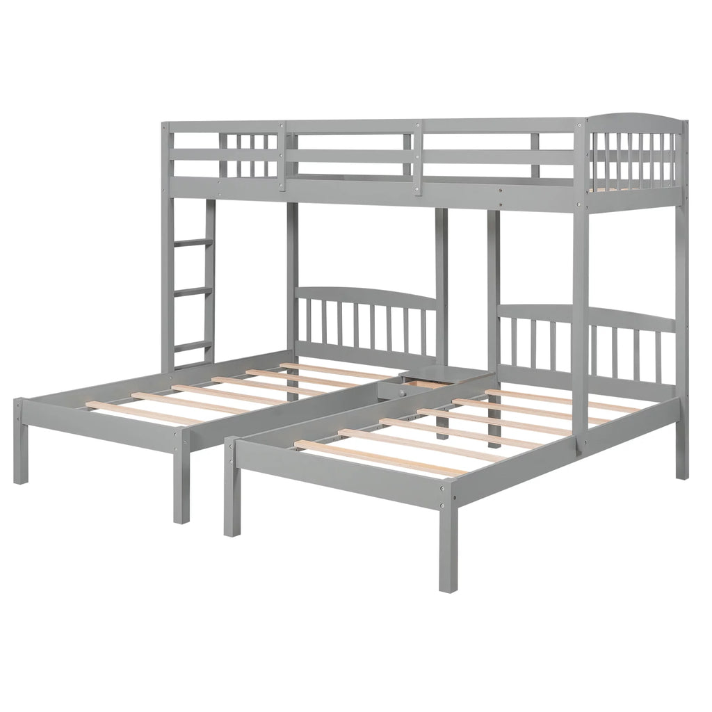 Triple Twin Solid Wood Bunk Beds with Guardrail and Ladder and Built-in Middle Drawer Q532097