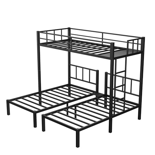 Black Metal Triple Bunk Bed with Guardrails and Ladder K884
