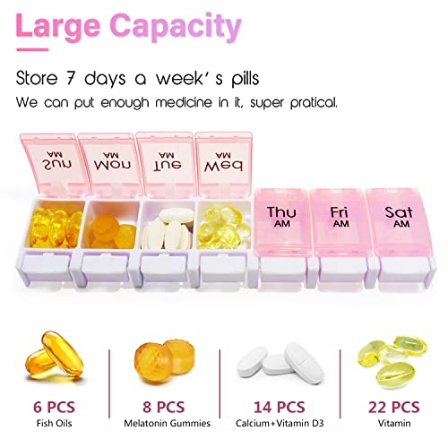 Large 7 Day Pill Organizer 2 Times a Day, AM PM Pill Box, 14 Dividers Vitamin Holder with Push Button Q52411