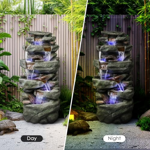 40" High 6-Tiers Cascading Rock Outdoor Water Fountain with LED Lights J214