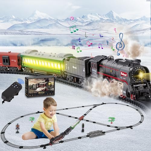 Electric Train Set with Remote Control, Steam Locomotive with Smoke, Lights & Sounds E74425