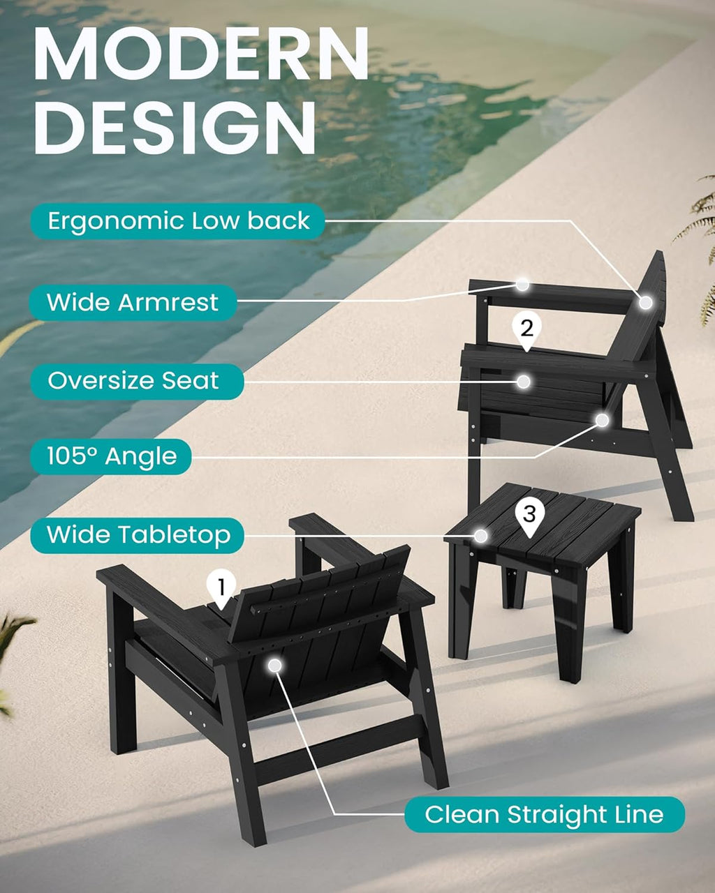 3 Piece HDPE Adirondack Chair Set with Side Table Black J723