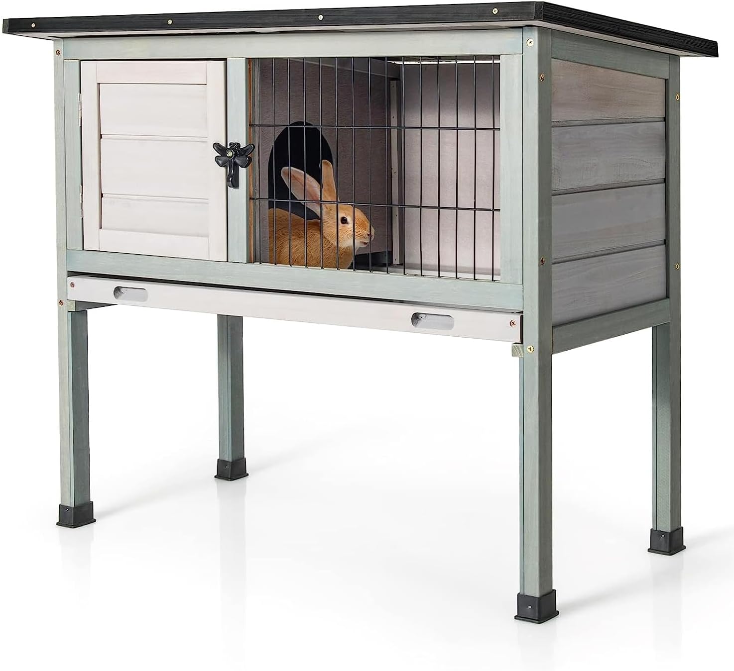 Elevated Wooden Rabbit Hutch with Pull-Out Tray B790345